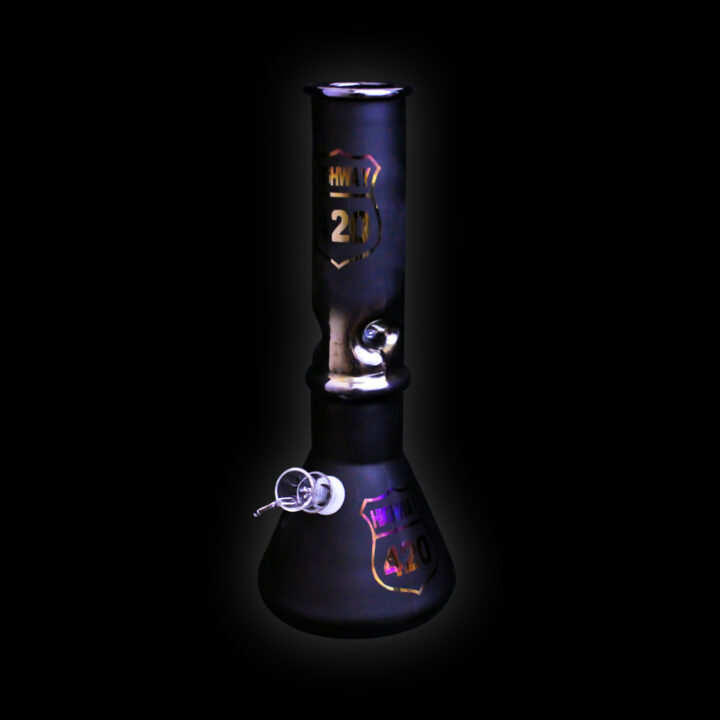 A black glass pipe with a purple and blue design.
