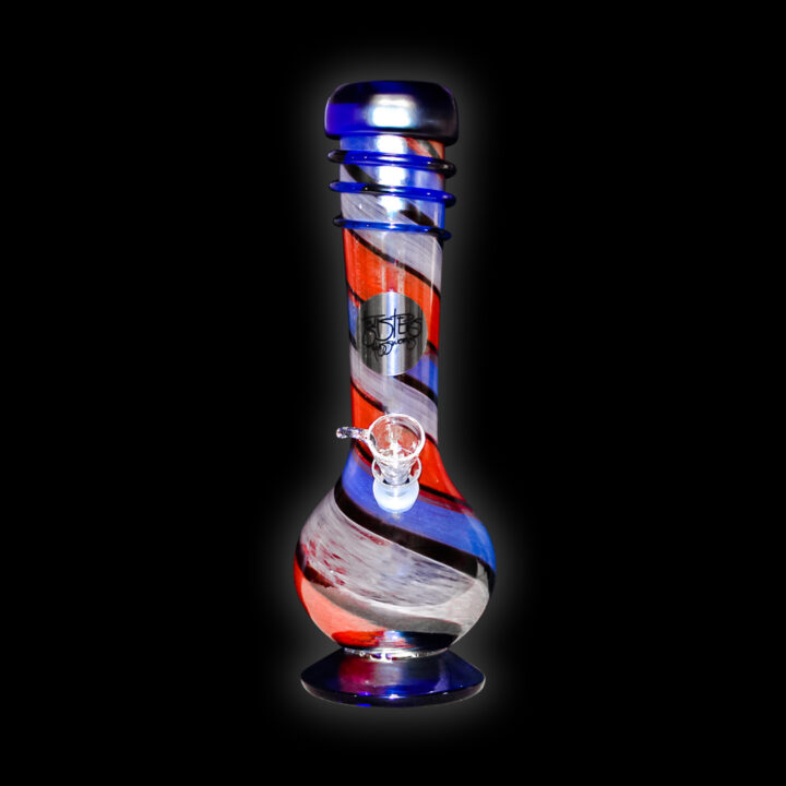 A glass pipe with red, white and blue swirls.