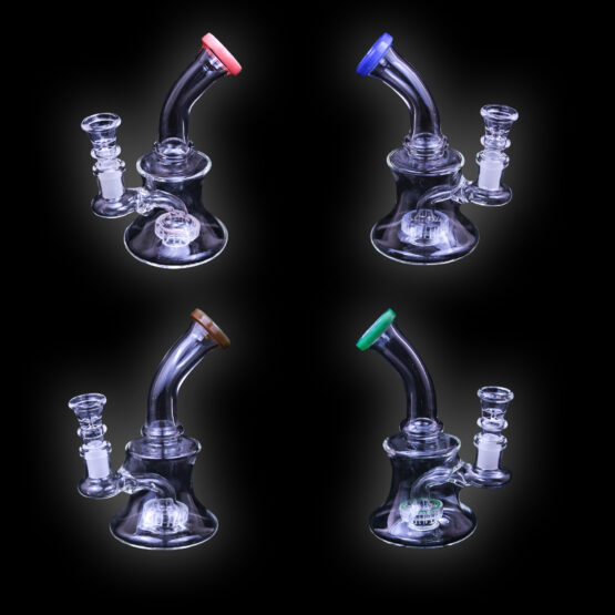 A set of four different glass pipes with one lit up.