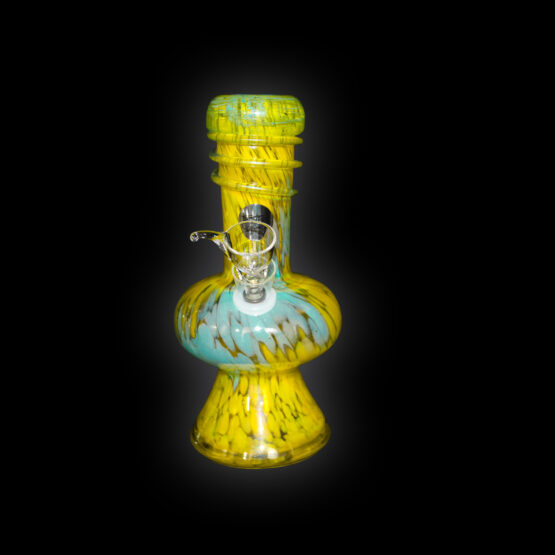 A yellow and blue glass hookah with a black background