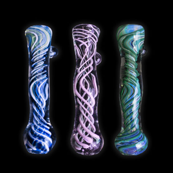 Three different colored glass pipes are shown side by side.