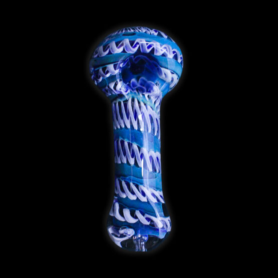 A blue pipe with white and black stripes on it.
