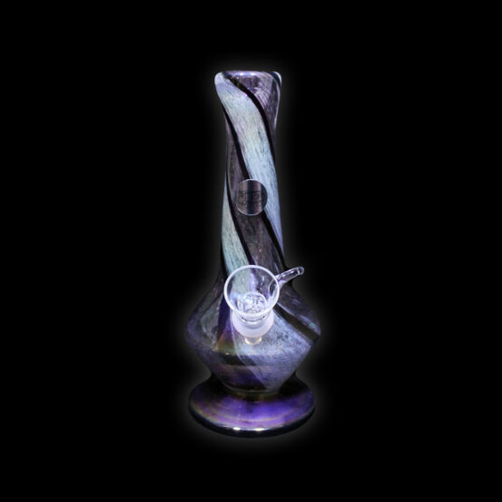 A black and white glass pipe with purple swirls.