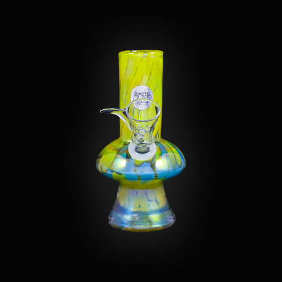 A yellow glass hookah with a black background