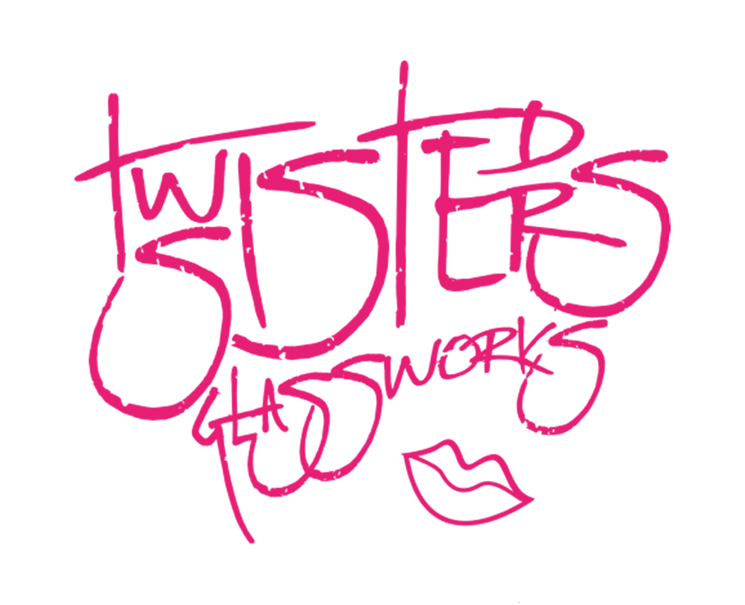 A pink graffiti type logo with the word 