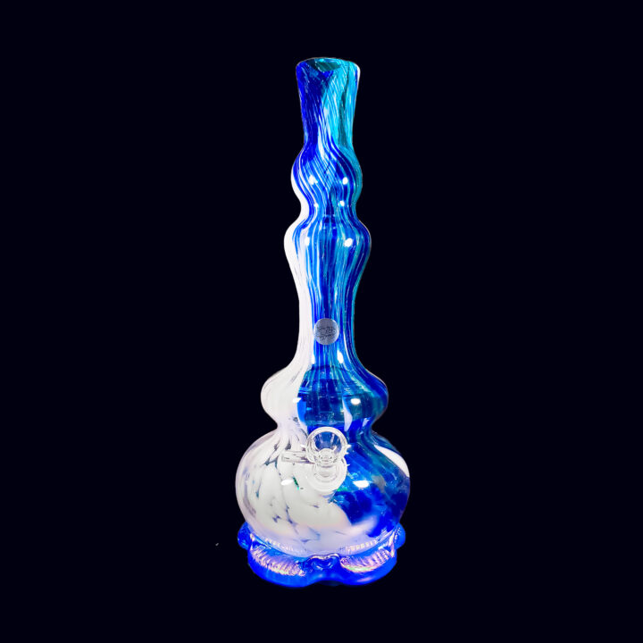 A blue glass hookah with a white smoke trail.