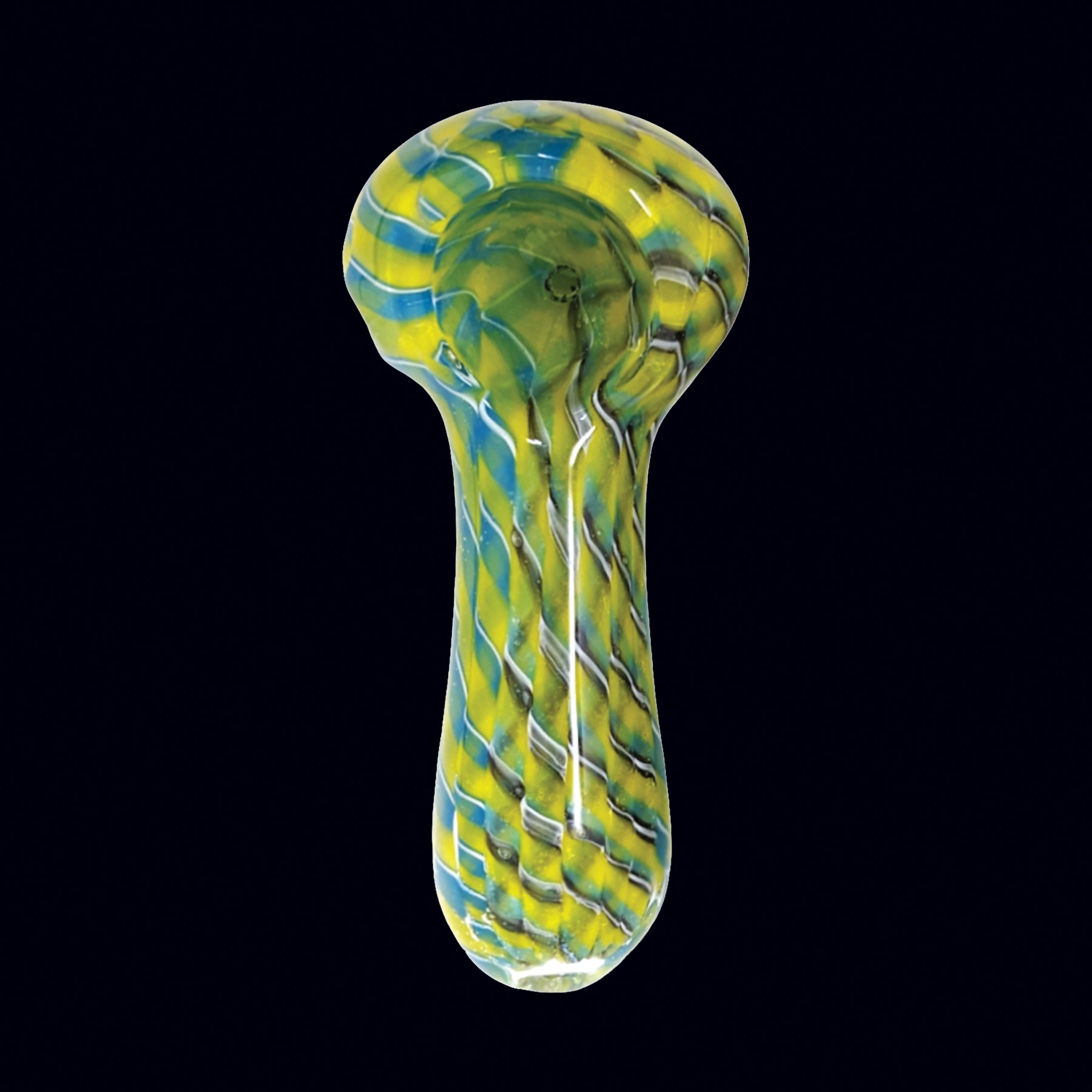 A glass pipe with blue and yellow swirls on it.
