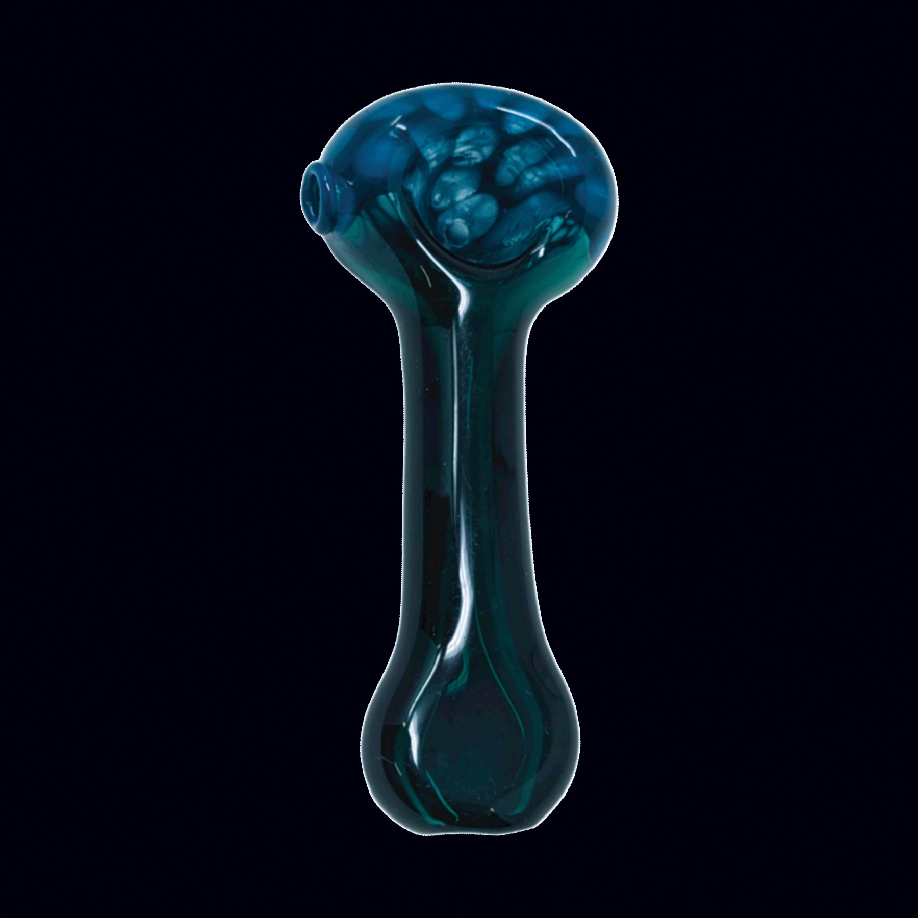 A blue glass object is shown on the black background.