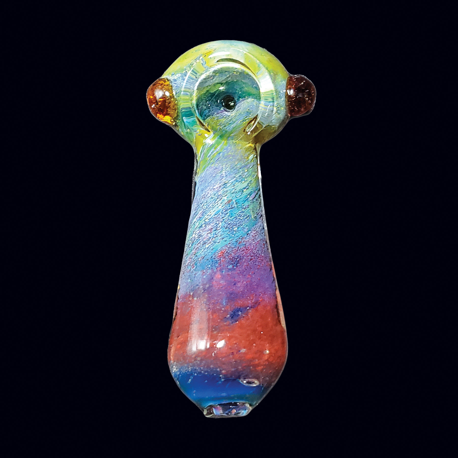 A colorful glass pipe is shown on a black background.