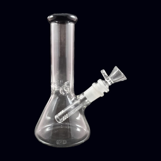 A clear glass beaker with a black top.