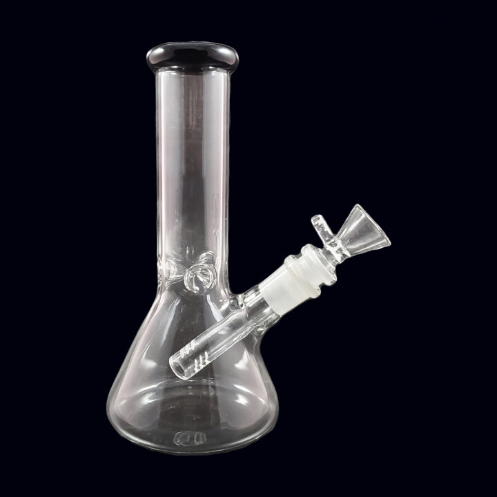 A clear glass beaker with a black top.